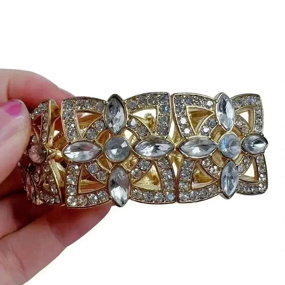 Gold Rhinestone Statement Bracelet Chunky Bohemian Boho Chic
